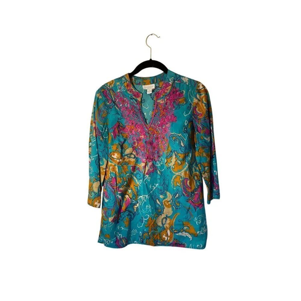 Charter club blue and pink paisley print embroidered Tunic top 2P
